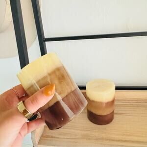 2 NEW ANTHROPOLOGIE Cream Tan Brown Stripe Vanilla Cupcake Scented Pillar Candle